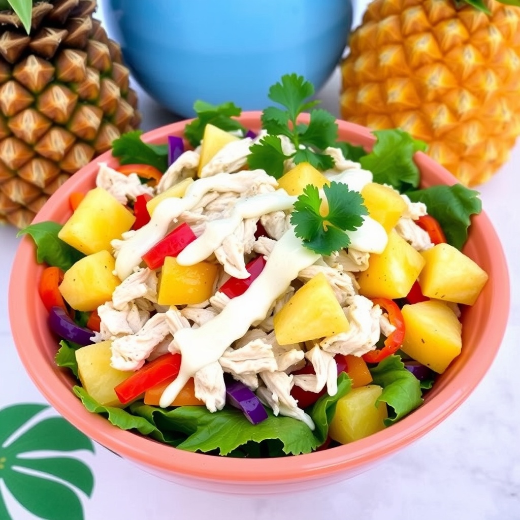 A colorful Tropical Pineapple Chicken Salad with chicken, pineapple, bell peppers, and greens, topped with cilantro dressing.